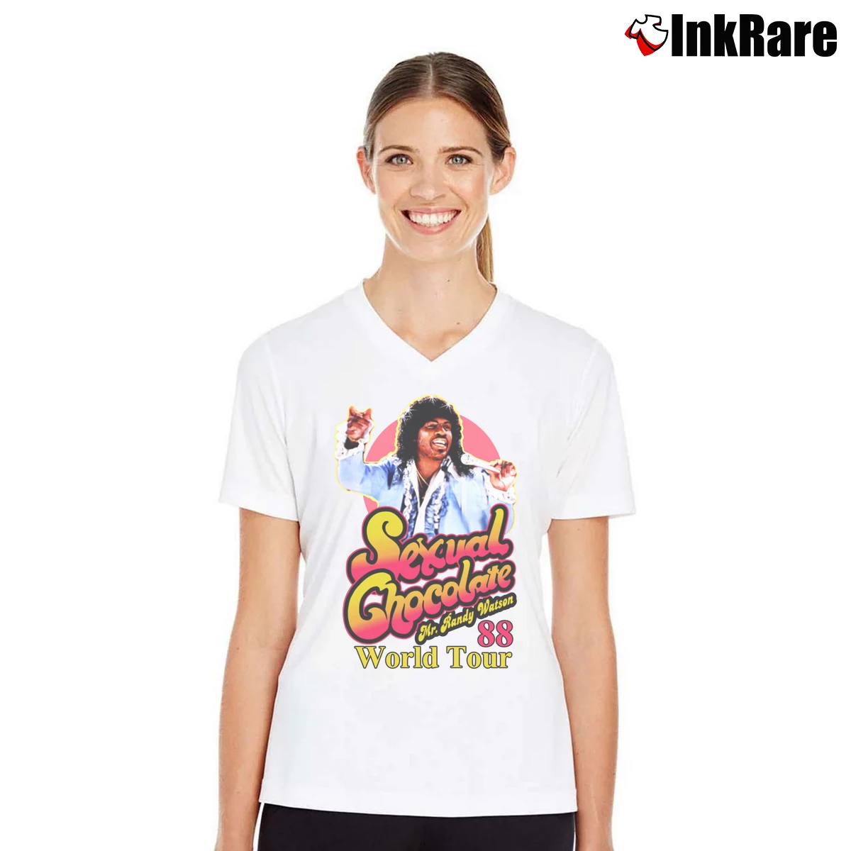 Randy Watson Sexual Chocolate Women’s V-Neck Tee in white – Flattering Fit Women’s Randy Watson Sexual Chocolate V-Neck Tee in white | Chic Neckline, Soft Texture