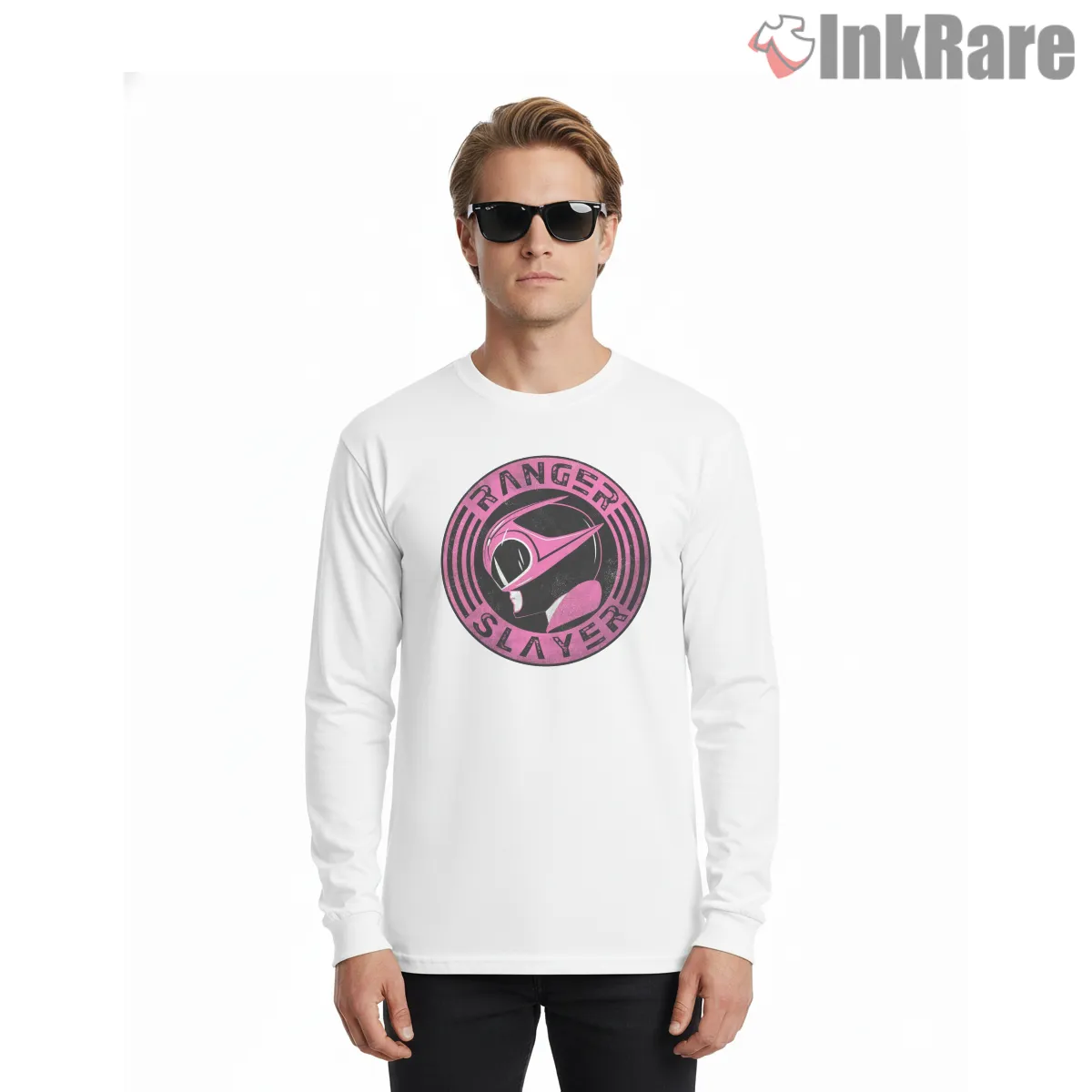 Ranger Slayer Dark Emblem Helmet Long Sleeve White Ranger Slayer Dark Emblem Helmet Shirt on white long sleeve shirt for men graphic tee