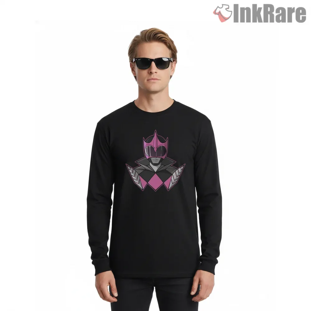 Ranger Slayer Dark Pink Helmet Symbol Shirt on black long sleeve shirt for men graphic tee