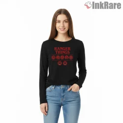 Ranger Things Retro Mask Mashup Shirt on black long sleeve shirt for women graphic tee