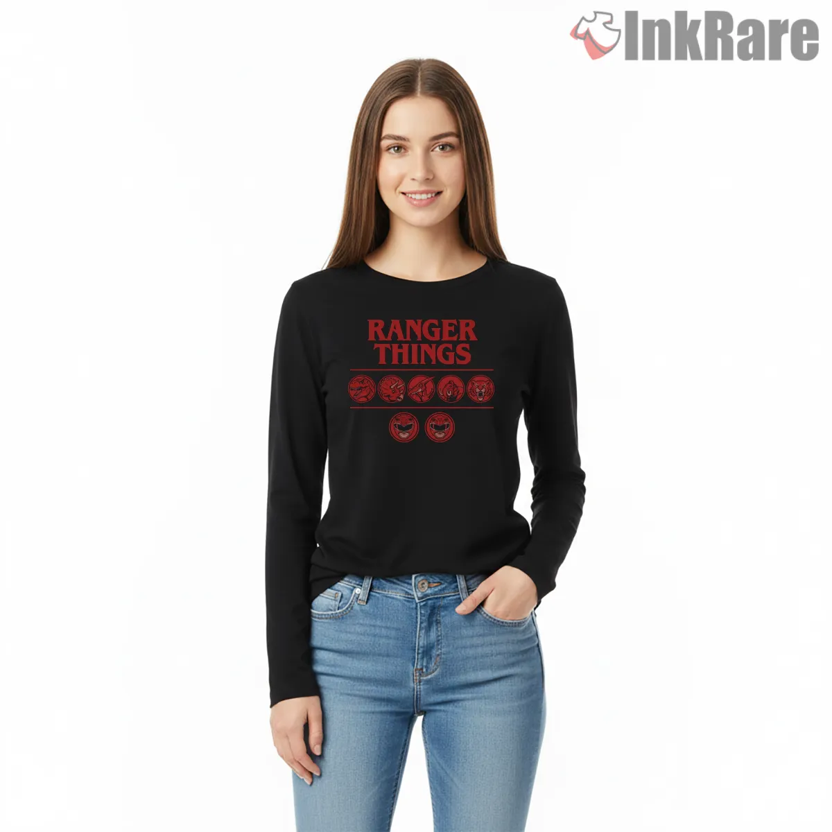 Ranger Things Retro Mask Mashup Long Sleeve Black Ranger Things Retro Mask Mashup Shirt on black long sleeve shirt for women graphic tee