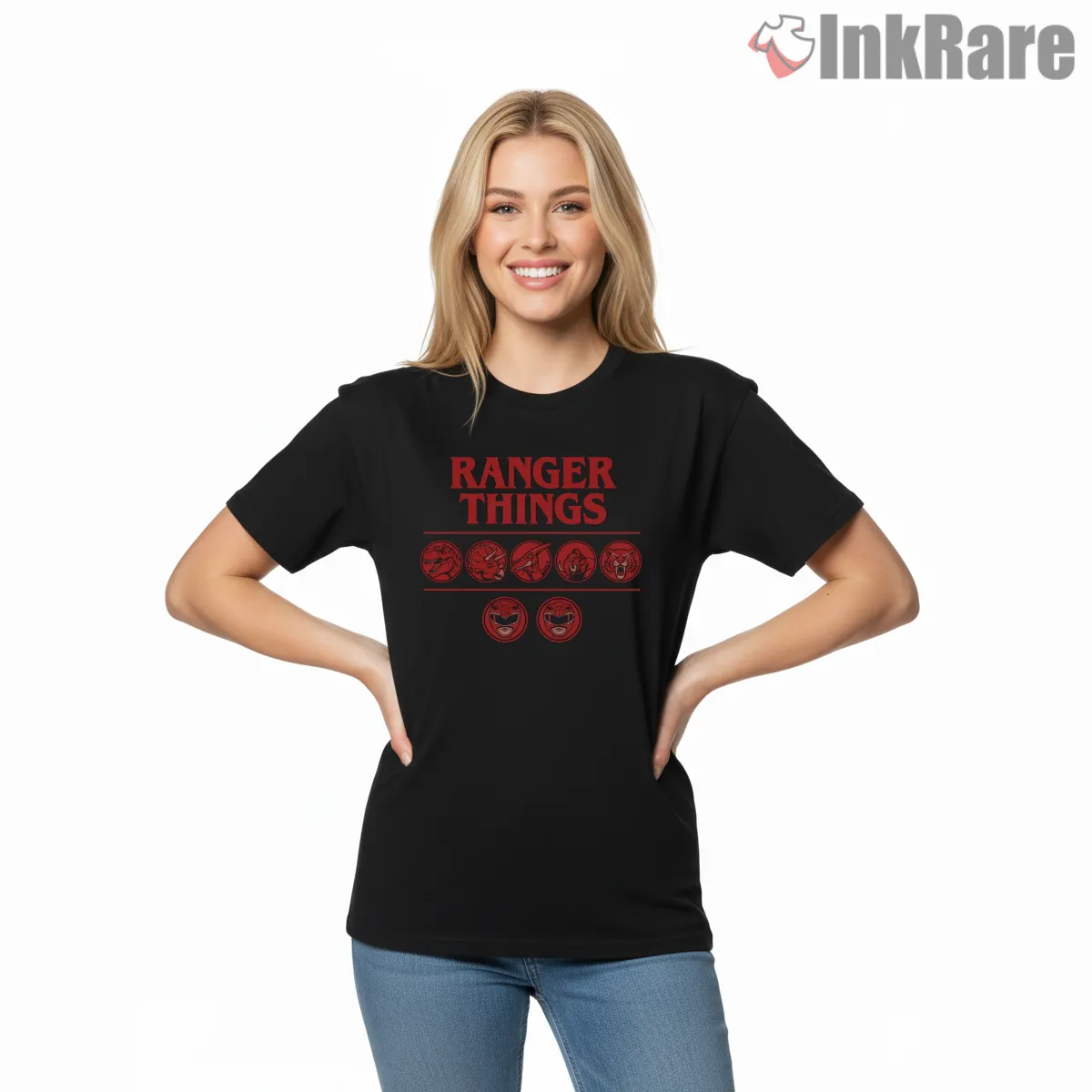 Ranger Things Retro Mask Mashup Short Sleeve Black Ranger Things Retro Mask Mashup Shirt on black short sleeve shirt for women graphic tee