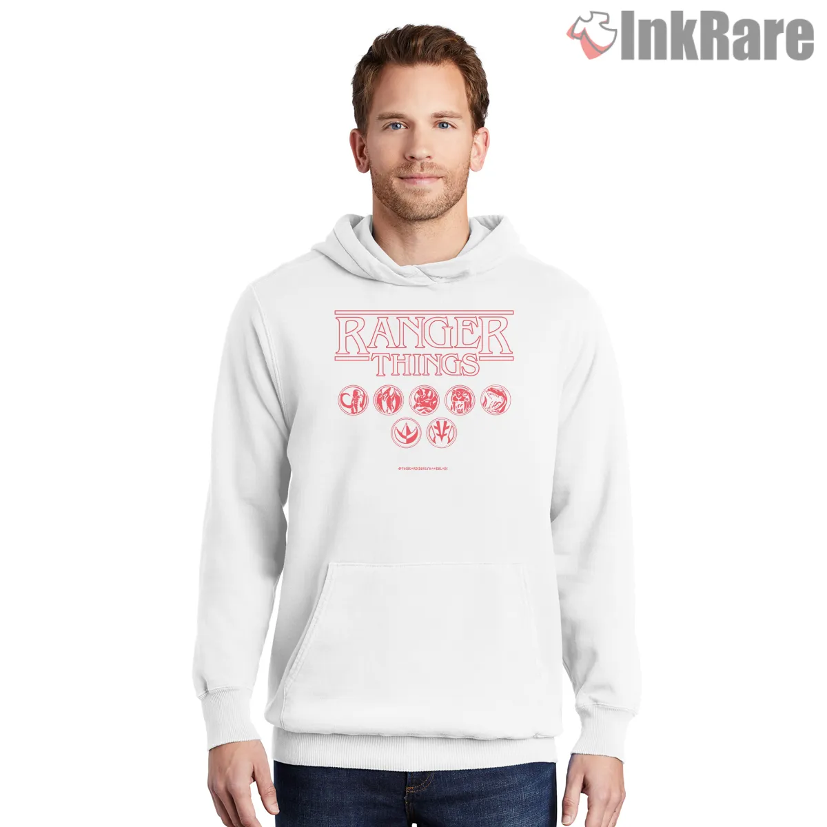 Ranger Things Retro Neon Parody Hoodie White Ranger Things Retro Neon Parody Shirt on white hoodie for men graphic tee