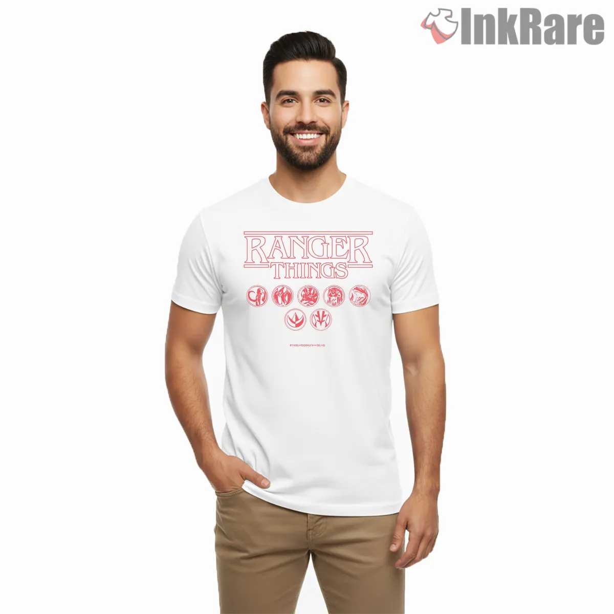Ranger Things Retro Neon Parody Short Sleeve White Ranger Things Retro Neon Parody Shirt on white short sleeve shirt for men graphic tee