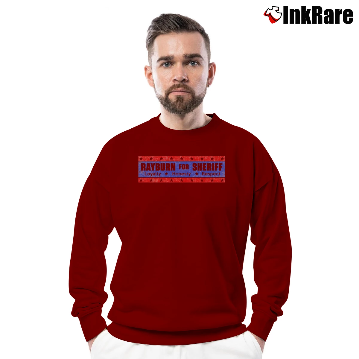 Men’s Rayburn For Sheriff Election Poster Crewneck Sweatshirt in maroon | Cozy Fabric, Clean Style