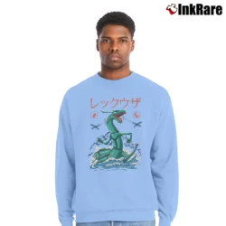 Men’s Rayquaza Mega Dragon Flying Kaiju Funny Crewneck Sweatshirt in light blue | Cozy Fabric, Clean Style