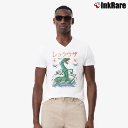 Men’s Rayquaza Mega Dragon Flying Kaiju Funny V-Neck Tee in white | Sharp, Breathable, Everyday Staple