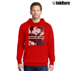 Men’s Read My Lips Gay Kiss Pride Pullover Hoodie in red | Cozy, Durable, Modern Fit