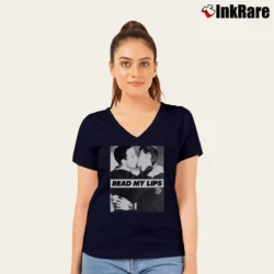 Women’s Read My Lips Gay Kiss Pride V-Neck Tee in navy | Chic Neckline, Soft Texture