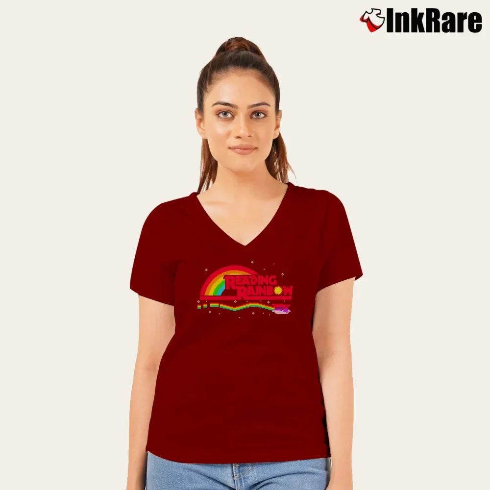 Women’s Reading Rainbow 8 - bit Flying Book V-Neck Tee in maroon | Chic Neckline, Soft Texture