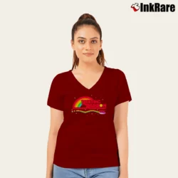 Women’s Reading Rainbow 8 - bit Flying Book V-Neck Tee in maroon | Chic Neckline, Soft Texture