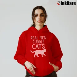 Women’s Real Men Cuddle Cats Funny Cozy Hoodie in red | Warm, Structured, Stylish