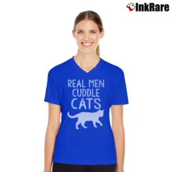 Women’s Real Men Cuddle Cats Funny V-Neck Tee in royal blue | Chic Neckline, Soft Texture