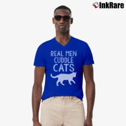 Men’s Real Men Cuddle Cats Funny V-Neck Tee in royal blue | Sharp, Breathable, Everyday Staple