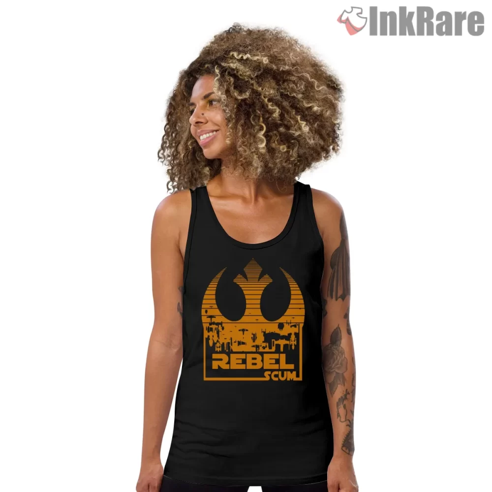 Rebel Scum Distressed Emblem Sunset Shirt on black tank top for women graphic tee