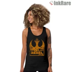 Rebel Scum Distressed Emblem Sunset Shirt on black tank top for women graphic tee