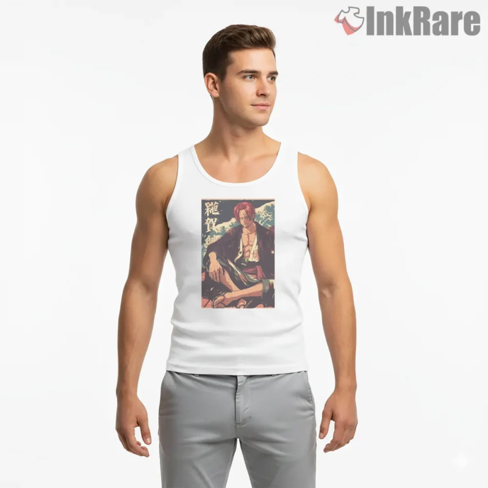 Red Haired Shanks Vintage Samurai Portrait Anime Shirt on white tank top for men graphic tee