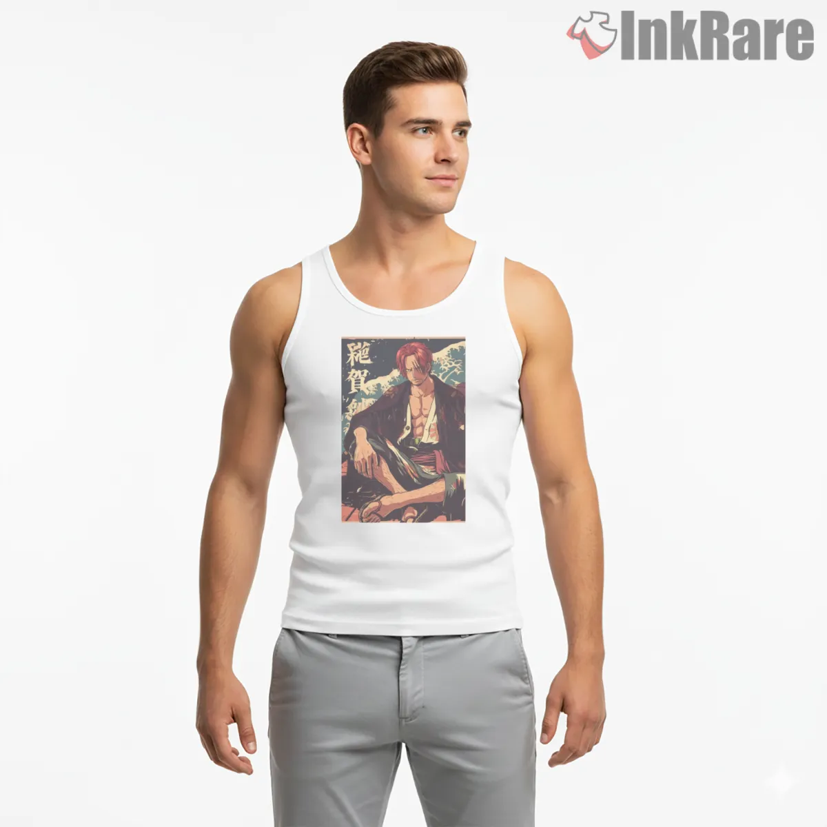 Red Haired Shanks Vintage Samurai Portrait Anime Tank Top White Red Haired Shanks Vintage Samurai Portrait Anime Shirt on white tank top for men graphic tee