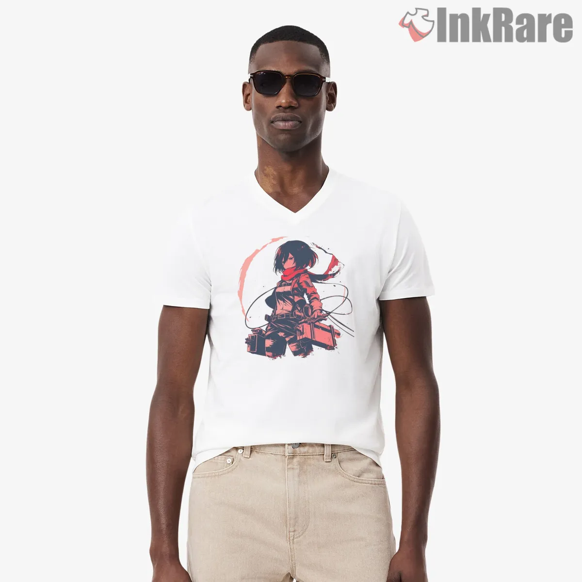 Red Hoodie Mikasa Urban Sketch V Neck White Red Hoodie Mikasa Urban Sketch Shirt on white v-neck shirt for men graphic tee