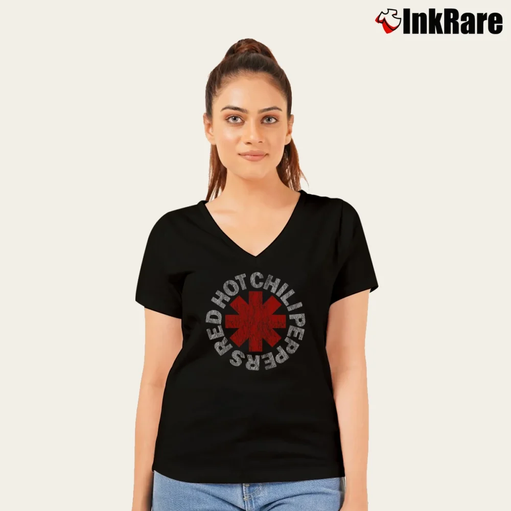Women’s Red Hot Chili Peppers Asterisk Logo V-Neck Tee in black | Chic Neckline, Soft Texture