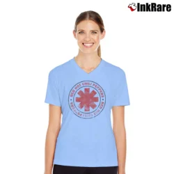 Women’s Red Hot Chili Peppers Band V-Neck Tee in light blue | Chic Neckline, Soft Texture