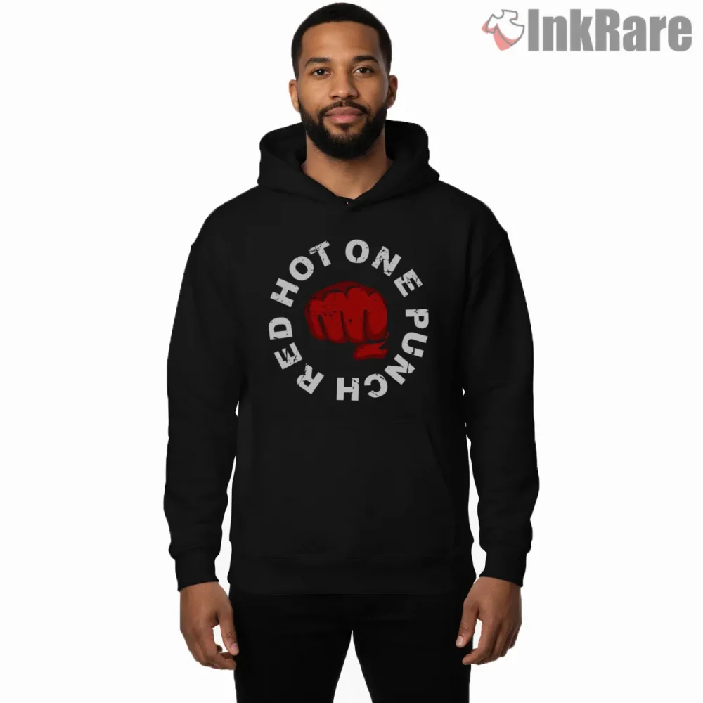 Red Hot One Punch Fist Anime Shirt on black hoodie for men graphic tee