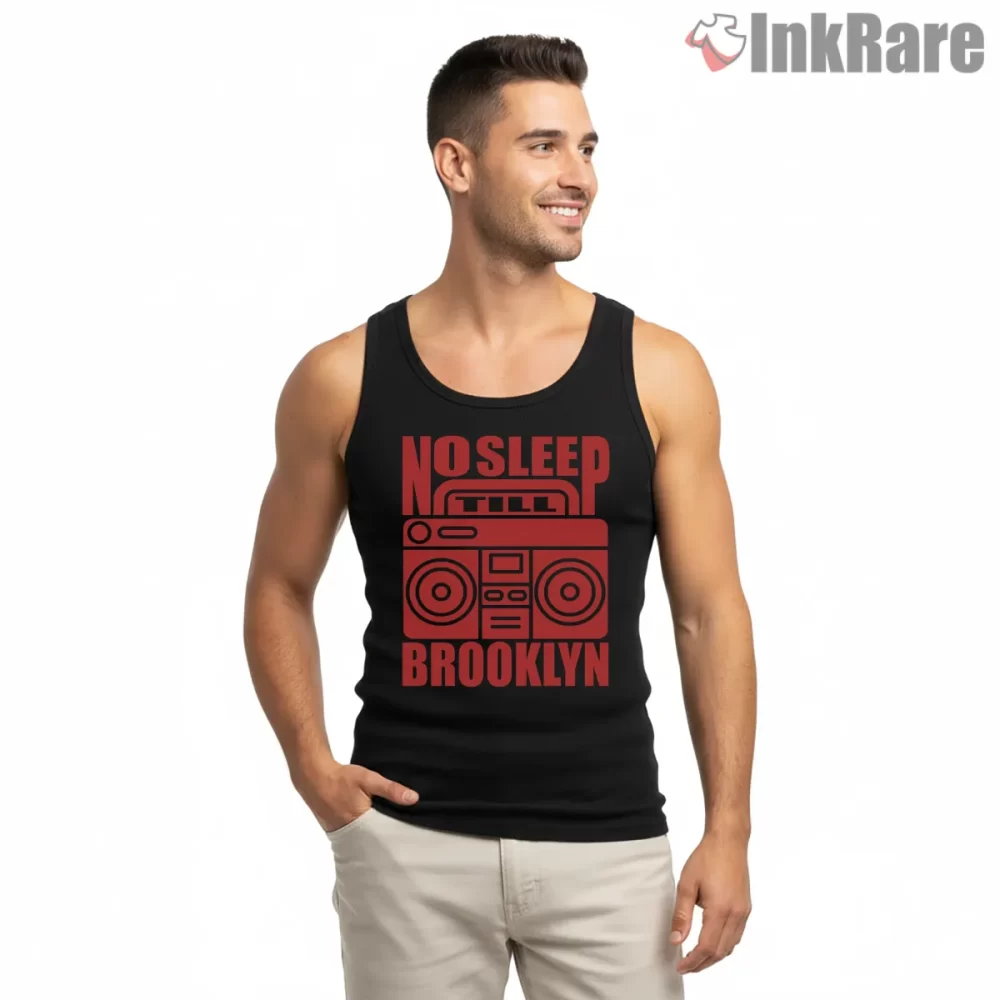 Red No Sleep Till Brooklyn Boombox Shirt on black tank top for men graphic tee