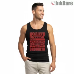 Red No Sleep Till Brooklyn Boombox Shirt on black tank top for men graphic tee