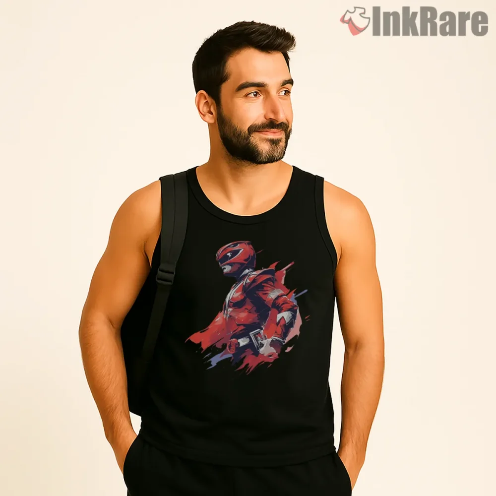 Red Ranger Crimson Battle Energy Shirt on black tank top for men graphic tee