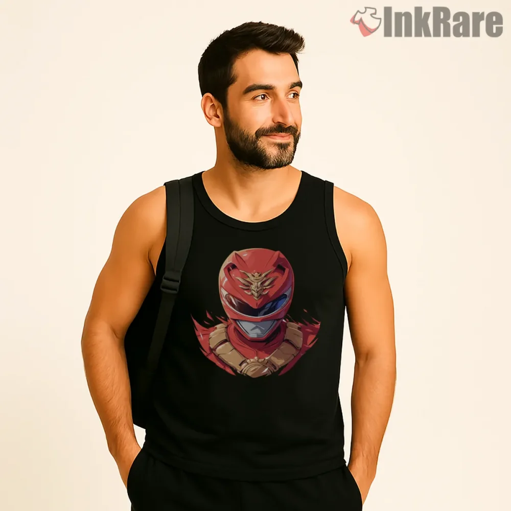 Red Ranger Golden Dragon Emblem Helmet Shirt on black tank top for men graphic tee