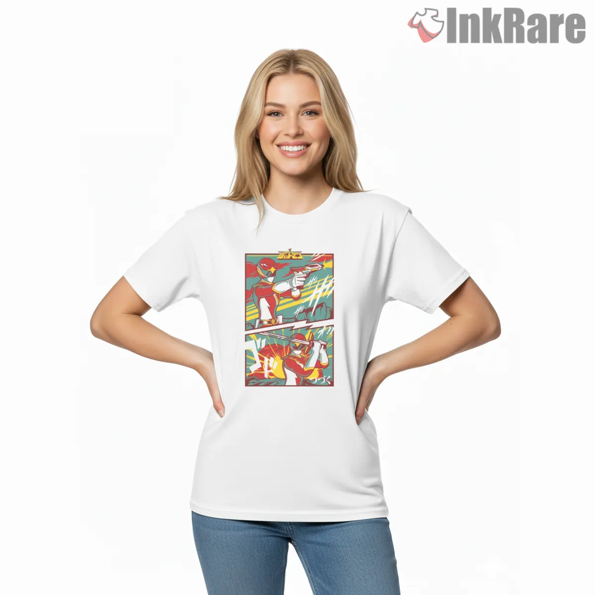 Red Ranger Hawk Blaster Action Panel Shirt on white short sleeve shirt for women graphic tee