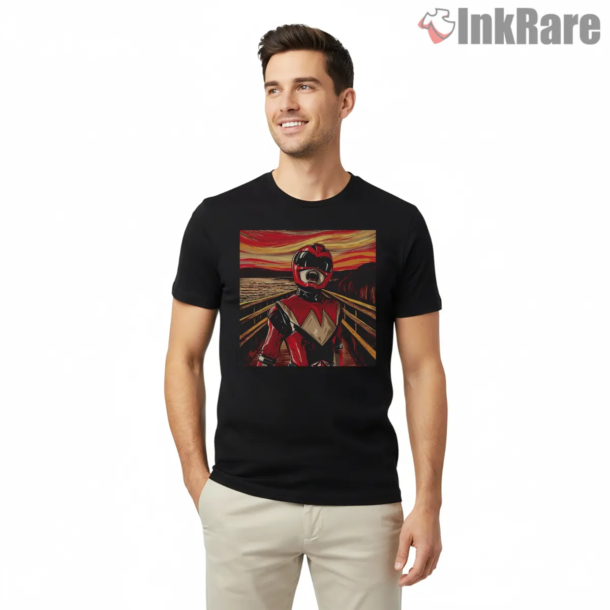 Red Ranger Intense Battle Scream Sunset Short Sleeve Black Red Ranger Intense Battle Scream Sunset Shirt on black short sleeve shirt for men graphic tee