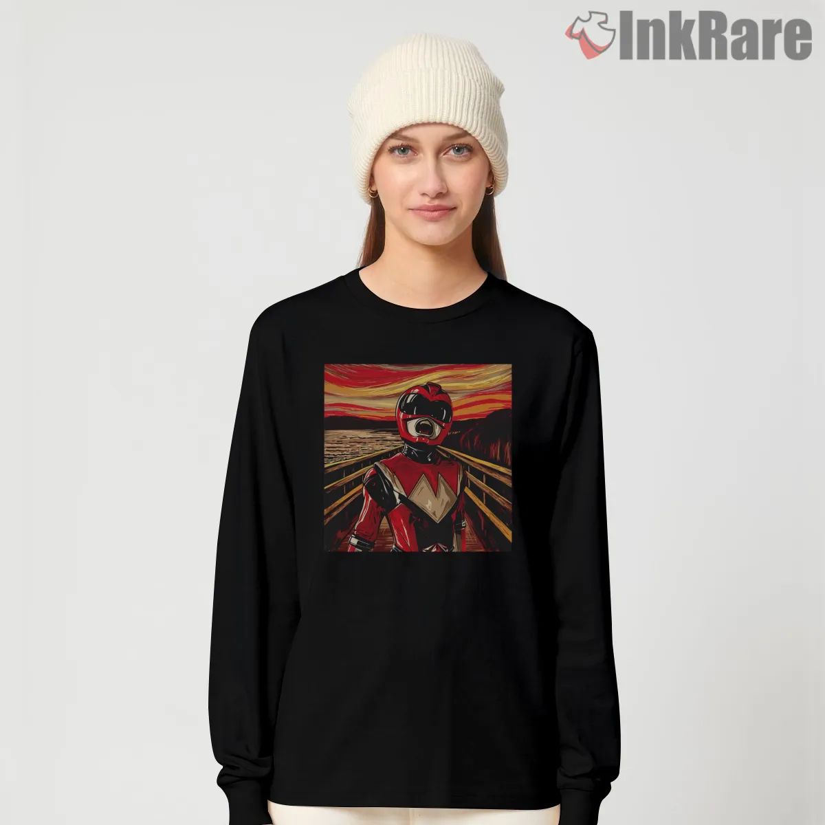 Red Ranger Intense Battle Scream Sunset Long Sleeve Black Red Ranger Intense Battle Scream Sunset Shirt on black long sleeve shirt for women graphic tee