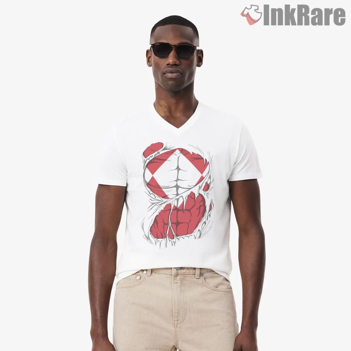 Red Ranger Ripped Suit Power Reveal V Neck White Red Ranger Ripped Suit Power Reveal Shirt on white v-neck shirt for men graphic tee