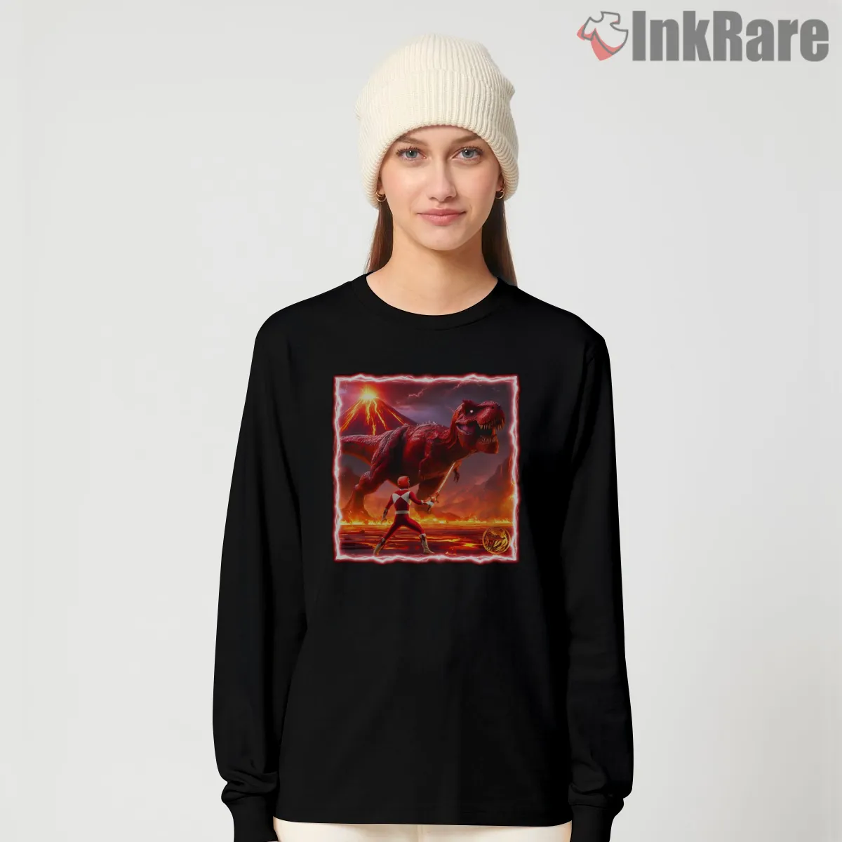 Red Ranger T Rex Volcano Battle Shirt on black long sleeve shirt for women graphic tee