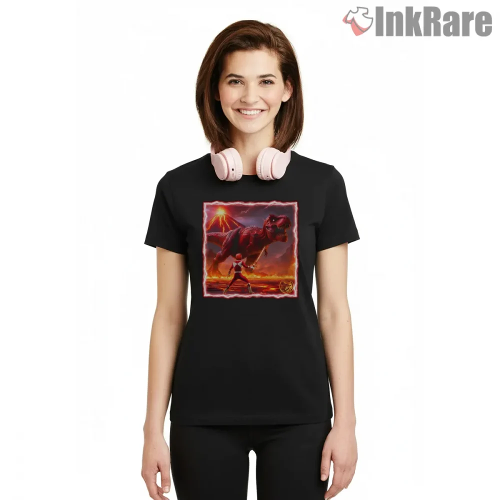 Red Ranger T Rex Volcano Battle Shirt on black short sleeve shirt for women graphic tee
