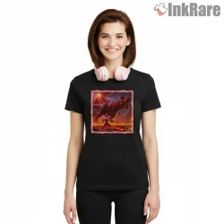 Red Ranger T Rex Volcano Battle Shirt on black short sleeve shirt for women graphic tee