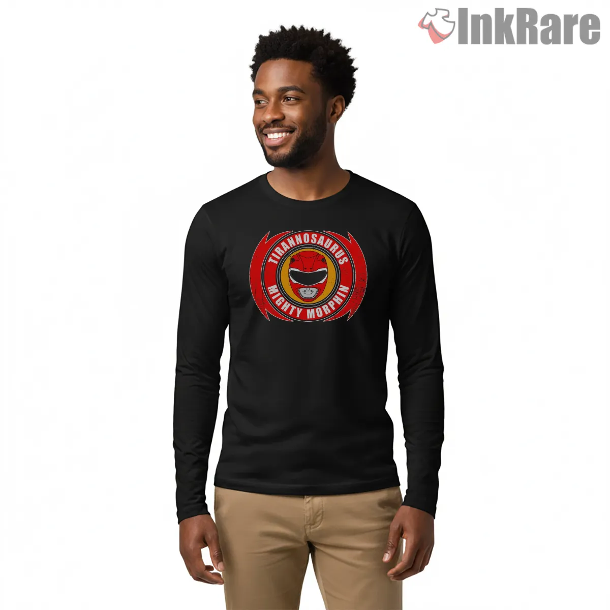 Red Ranger Tyrannosaurus Power Emblem Long Sleeve Black Red Ranger Tyrannosaurus Power Emblem Shirt on black long sleeve shirt for men graphic tee