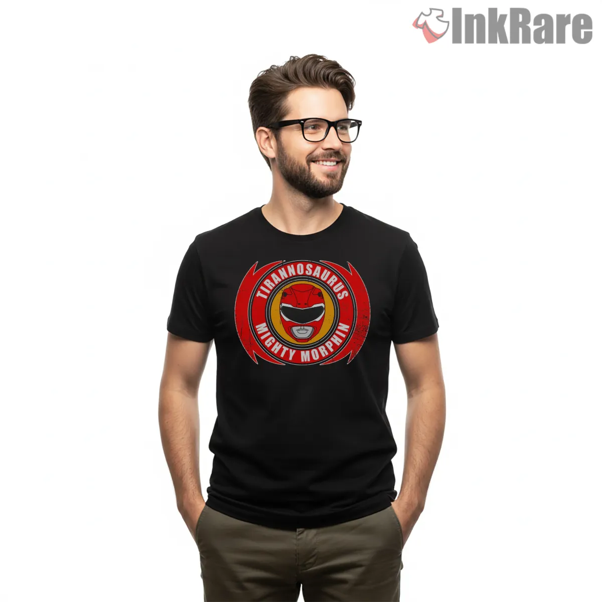 Red Ranger Tyrannosaurus Power Emblem Shirt on black short sleeve shirt for men graphic tee