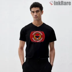Red Ranger Tyrannosaurus Power Emblem Shirt on black v-neck shirt for men graphic tee