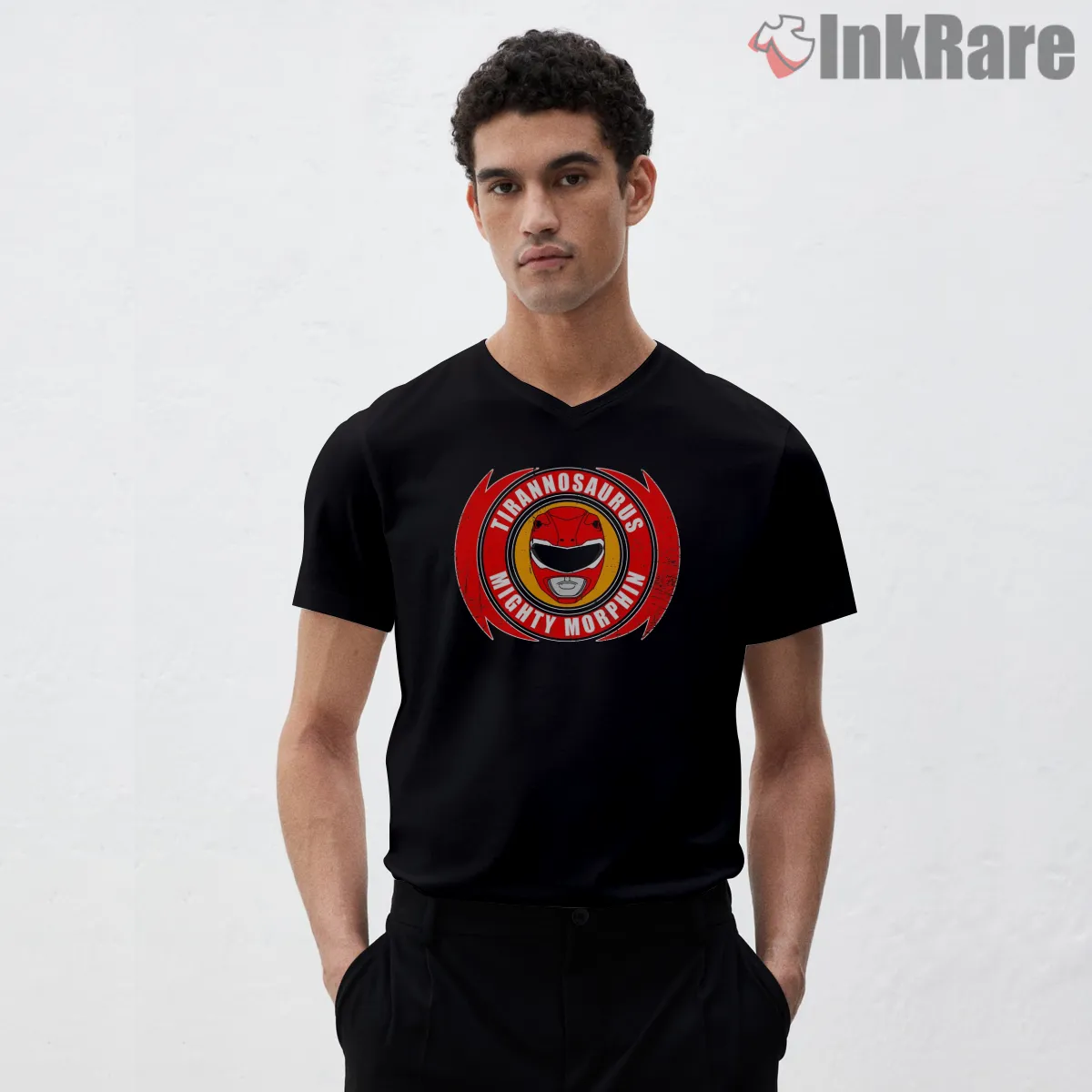 Red Ranger Tyrannosaurus Power Emblem V Neck Black Red Ranger Tyrannosaurus Power Emblem Shirt on black v-neck shirt for men graphic tee