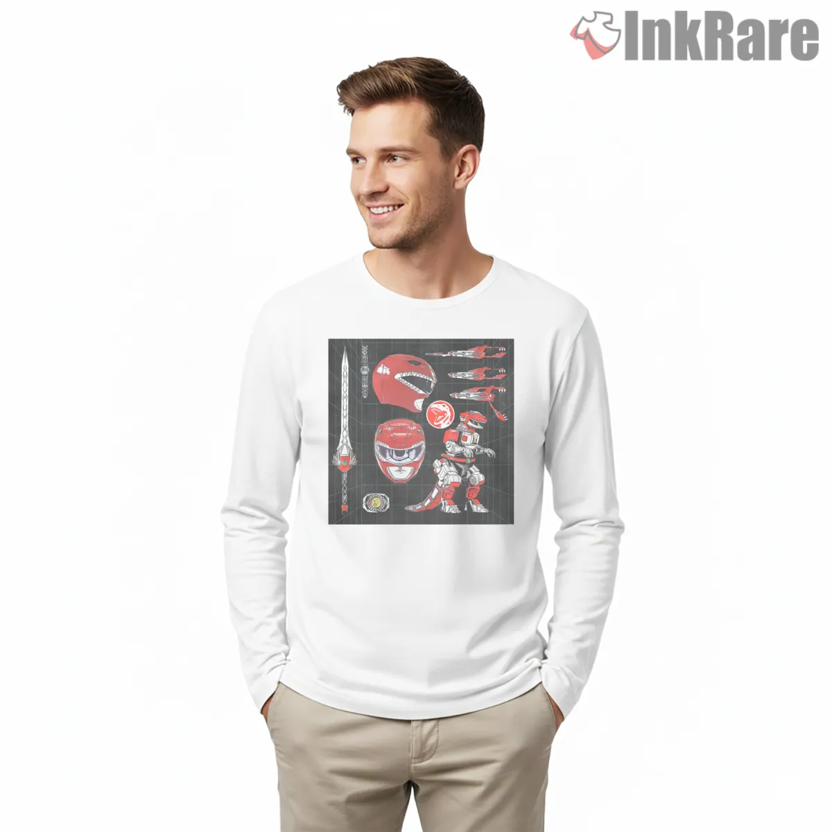 Red Ranger Weapons Blueprint Arsenal Long Sleeve White Red Ranger Weapons Blueprint Arsenal Shirt on white long sleeve shirt for men graphic tee
