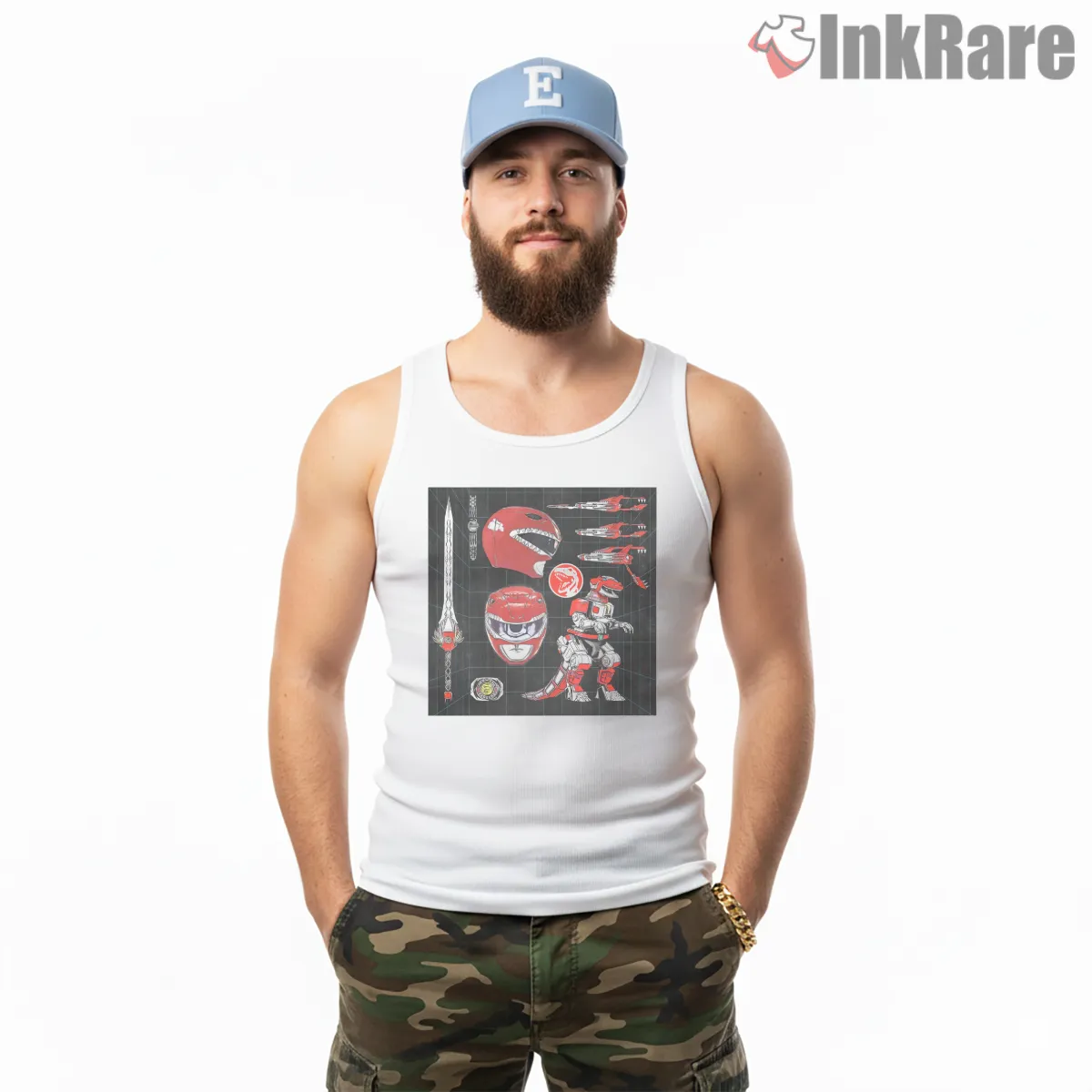 Red Ranger Weapons Blueprint Arsenal Tank Top White Red Ranger Weapons Blueprint Arsenal Shirt on white tank top for men graphic tee