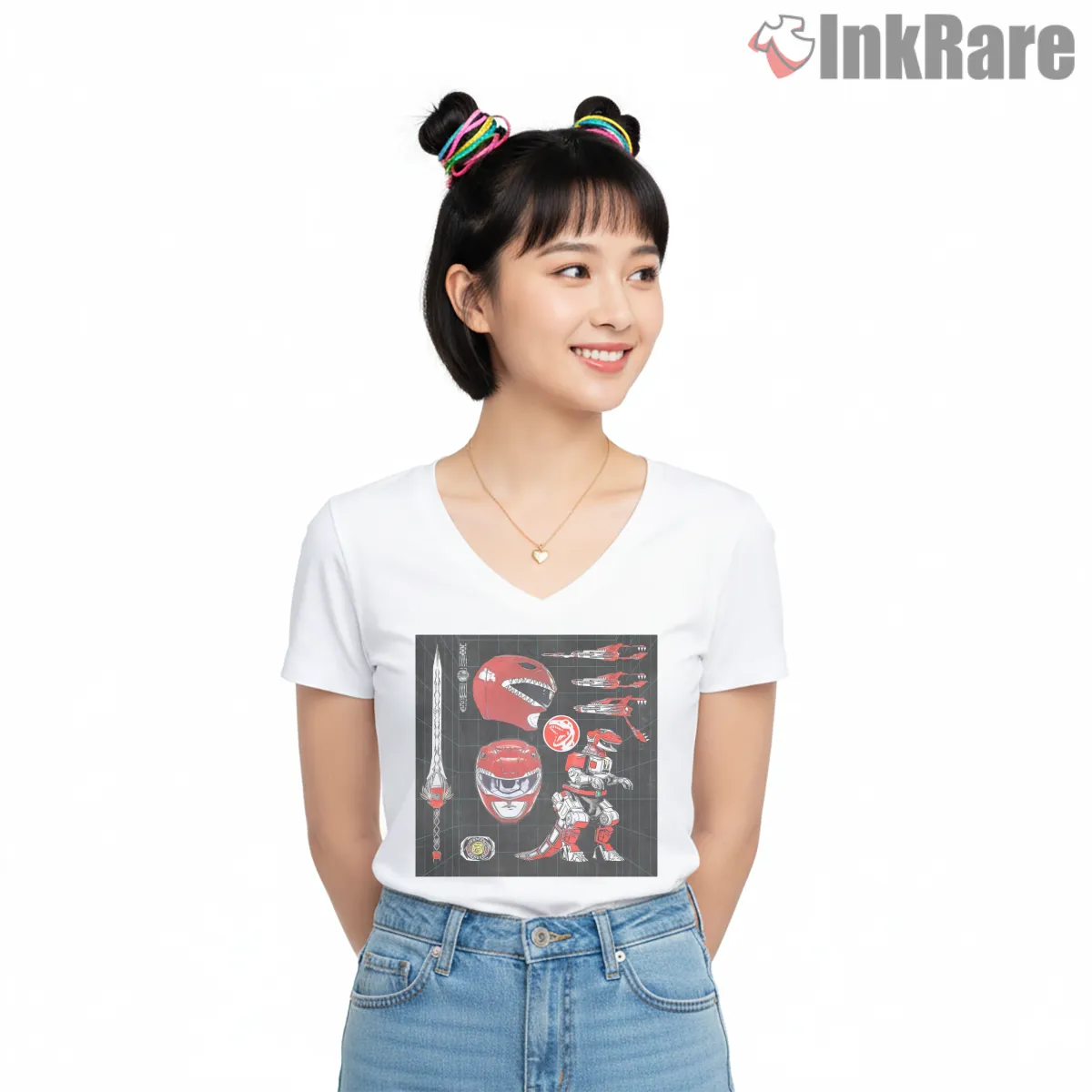 Red Ranger Weapons Blueprint Arsenal V Neck White Red Ranger Weapons Blueprint Arsenal Shirt on white v-neck shirt for women graphic tee