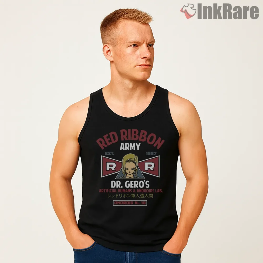 Red Ribbon Army Android Eighteen Lab Badge Shirt on black tank top for men graphic tee