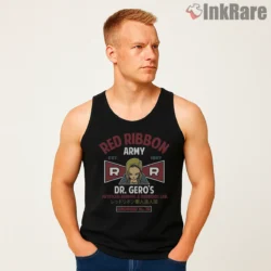 Red Ribbon Army Android Eighteen Lab Badge Shirt on black tank top for men graphic tee