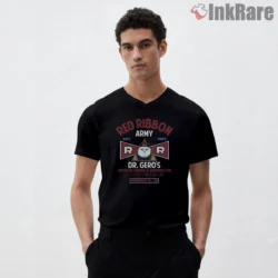 Red Ribbon Army Android Nineteen Emblem Shirt on black v-neck shirt for men graphic tee