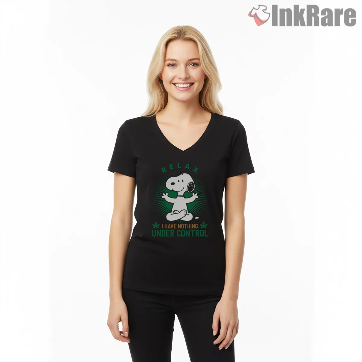 Relax Snoopy Nothing Under Control Graphic V Neck Black Relax Snoopy Nothing Under Control Graphic Shirt on black v-neck shirt for women graphic tee