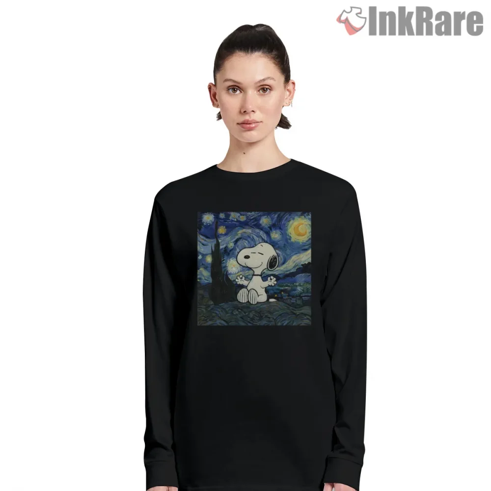 Relax Snoopy Starry Night Art Inspired Shirt on black long sleeve shirt for women graphic tee
