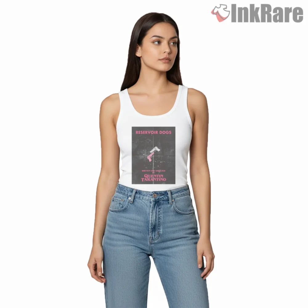 Reservoir Dogs Pink Gun Poster Shirt on white tank top for women graphic tee